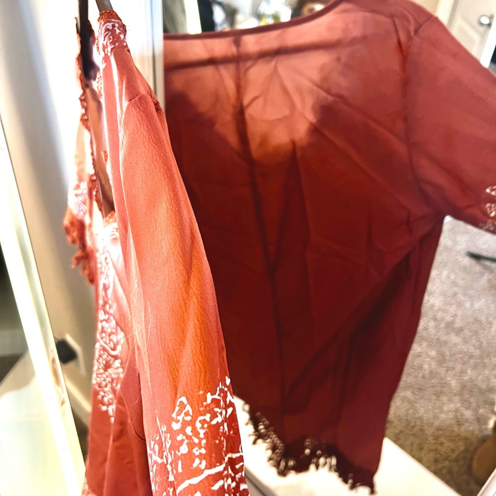 Rust Red Lace Trim BEACH or fall mountain lake Blouse waterproof